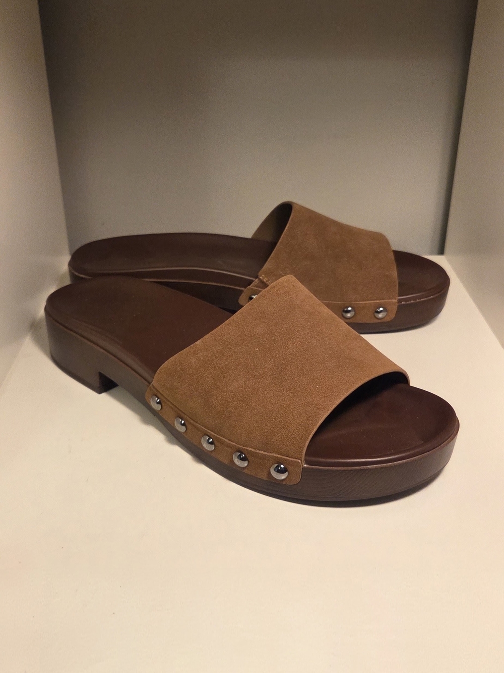 Universal Thread Tan Suede Slides with Silver Studs